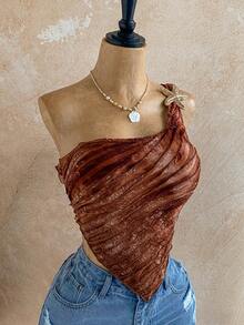 Soleia Nouvelle blouse pour femmes en tissu brodé de dentelle, avec une épaule découverte et un décor en métal en forme d'étoile de mer. Convient pour la boîte de nuit, le style bohème, les vacances, l'automne, le style vintage, les fêtes. - Beige - Voir 6