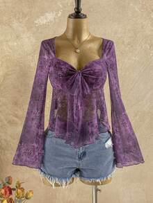 Soleia 女士节日、毕业、返校秋季连衣裙，娃娃装上衣搭配佩斯利花卉印花 V 领长袖衬衫 - 彩色 - 查看 7