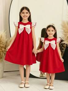 SHEIN Young Girl Knit Round Neck Patchwork Ruffled Big Bow Decor Fitted A-Line Dress, Colorblock, Red, Matching Family Vacation, Cute & Elegant & Fashionable, Partywear, Birthday, Gorgeous Princess, Mom And Daughter & Sisters Matching.Spring Summer., Valentine's Day Red Heart Print Dress. - Red - View 5