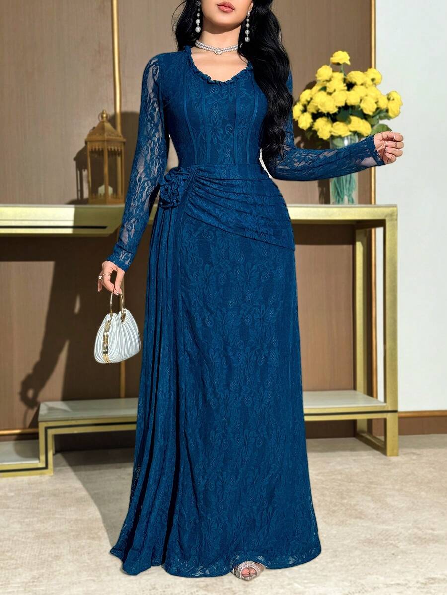 Modelyn 女士纯色V领长袖蕾丝收腰优雅中长连衣裙，饰有3D立体花卉图案 - 藏蓝色 - 查看 1