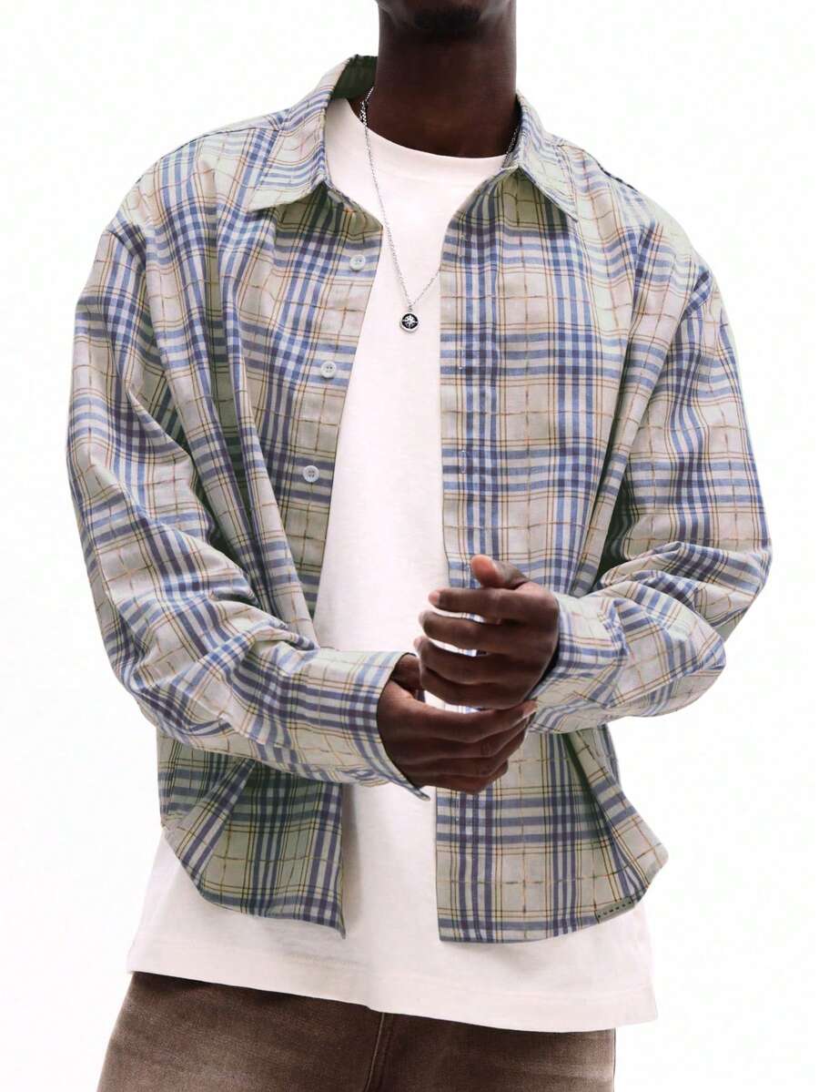 SUMWON Men's Long Sleeve Button Down Plaid Shirt With Blue And White Check Pattern Casual Spring Summer Collared Top - Blue - View 1