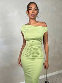 SHEIN BAE Váy viền bất đối xứng thanh lịch dành cho nữ, thích hợp mặc hàng ngày, hẹn hò, đi chơi, tiệc tùng, trang phục đi chơi, trang phục câu lạc bộ, trang phục Halloween - Màu xanh chanh - Xem 4