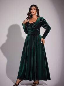 Viva Relle Đầm dự tiệc nhung dài tay thanh lịch cỡ lớn dành cho nữ - Màu xanh lá cây đậm - Xem 5