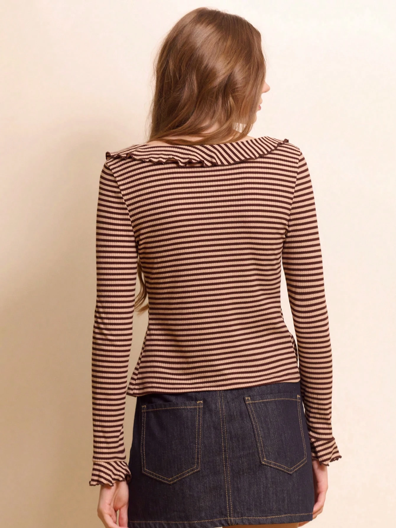 Brown Striped Ribbed Top With Ruffled Neckline And Front Ruffle Detail Spring Going Out Vintage Style Top French Style Parisian Style