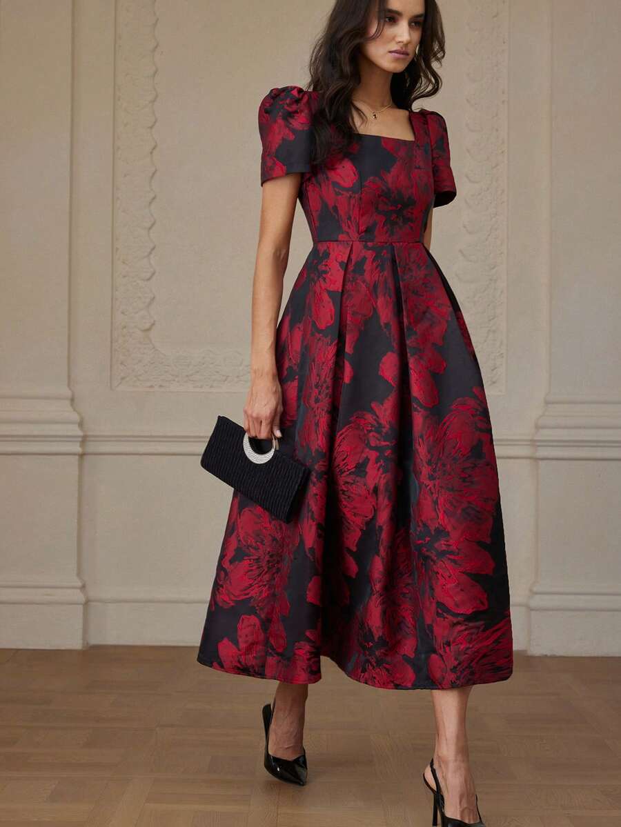 Revavyn Robe à manches courtes jacquard à taille cintrée, design mode et décontracté pour le travail et les déplacements - Multicolore - Voir 1