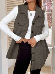 SHEIN EZwear 1 pièce Manteau sans manches décontracté à boutons et poches pour femmes, de couleur unie. Idéal pour le port quotidien en automne/hiver, l'automne, pour les femmes qui travaillent de chez elles en hiver. Manteau sans manches confortable pour les femmes au petit-déjeuner. - Gris foncé - Voir 3