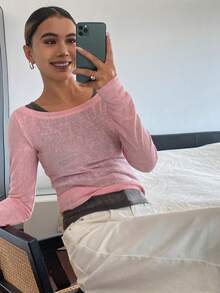 DAZY 2 piezas Conjunto de camiseta de manga larga y camiseta sin mangas de ajuste ceñido de unicolor para mujer, ropa casual de vacaciones, conjunto de ropa de estar en primavera/otoño para mujer - Rosa - Ver 6