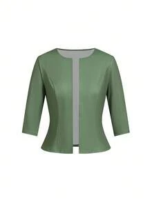 Ellevyn 大码女式七分袖开襟外套和印花无袖连衣裙优雅两件套 - 綠色 - 查看 3