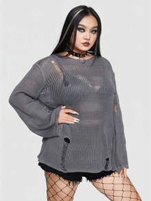 ROMWE Grunge Punk Plus Size Striped Pattern Sheer Distressed Long Sleeve Pullover Sweater - Grey - View 3