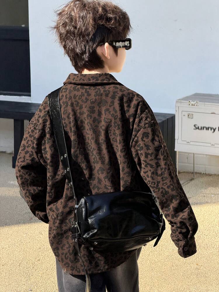 Tween Boy Casual Fashion Street Corduroy Leopard Print Loose Fit Oversized Shirt, Autumn Long Sleeve Tops Girl