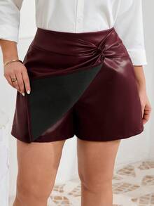 Juhart Große Größen Lässig Pendler PU Leder Twist Vorne Wickel Skorts, Herbst - Bordeaux - Übersicht 7