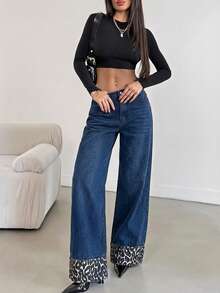 SHEIN Tall HIGH RISE WIDELEG JEAN WITH LEOPARD TALL - Royal Blue - View 3