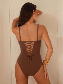 Swim Chiccia 2026 优雅时尚纯色棕色塑身内衣，饰有大理石珍珠装饰串珠肩带，特殊纹理速干罗纹压缩针织连体泳衣，女士棕色罗纹针织塑身连体泳衣，绿松石串珠细肩带V领收腹瘦身塑形泳衣，弹力无缝高腰塑身衣，适合夏季海滩度假派对日常穿着 - 棕色 - 查看 8