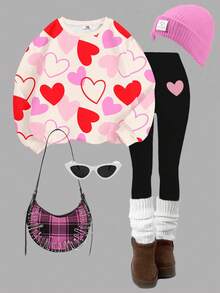 奶油白，甜美少女粉色爱心印花休闲宽松圆领长袖卫衣和打底裤套装，适合秋冬季日常穿着、外出、居家、情人节等场合。 - 彩色 - 查看 3