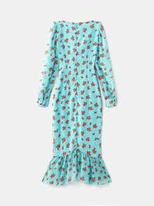 lacRébo Đầm midi chiffon màu xanh nhạt in hoa, xếp ly phía trước, tay dài và viền bèo nhún, kiểu dáng thanh lịch mùa thu đông. - Nhiều màu - Xem 8
