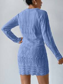 EURMUSE Elegant Texture Knit Hollow Out Sweater & Sweater Skirt Co-Ords 2 Pieces Set - Baby Blue - View 6
