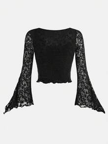 SHEIN Camiseta de manga larga con cuello cuadrado, lazo y mangas acampanadas, de encaje y parches, elegante, para niña preadolescente - Negro - Ver 2