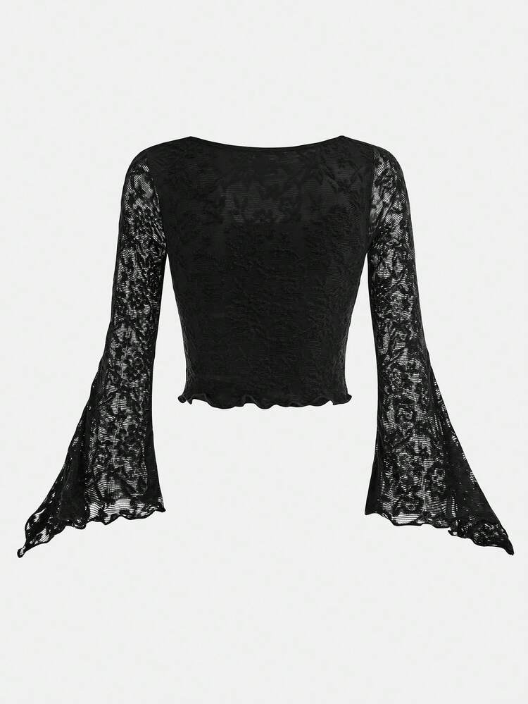 SHEIN Tween Girl Lace Patchwork Square Neck Bow Tie Elegant Flare Sleeve Long Sleeve T-Shirt Black Bell Sleeve Top Teens Tween Girl Clothes Black Bell Sleeve Top Teens Black Teen Girl Formal Wear Tops - Black - View 2