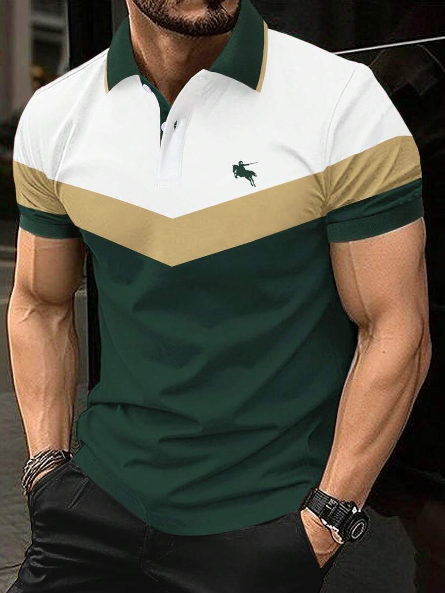 Manfinity Mode 男士撞色Logo Polo衫，适合居家、办公和聚会穿着 - 綠色 - 查看 1
