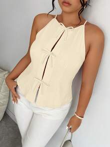 Elenzga Plus Size Women Solid Color Bow Decor Fashion Halter Neck Tank Top - Apricot - View 5