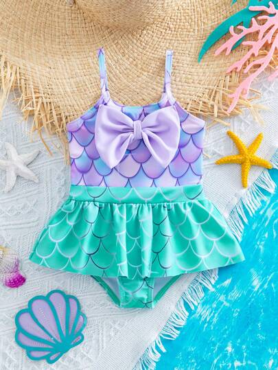 SHEIN Traje de baño de una pieza con tirantes, de punto, con bloque de color y estampado de sirena, casual y lindo para recién nacidos en verano