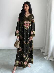 SHEIN Najma 女士花卉几何印花V领长袖优雅连衣裙，春秋季 - 彩色 - 查看 4