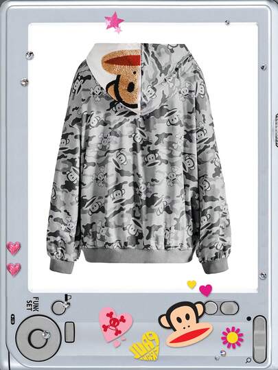 Paul Frank X ROMWE Chapeau avec imprimé camouflage sur tout le motif, collaboration de sous-culture Y2K Baddie Street. Sweat-shirt ample avec logo contrasté brodé