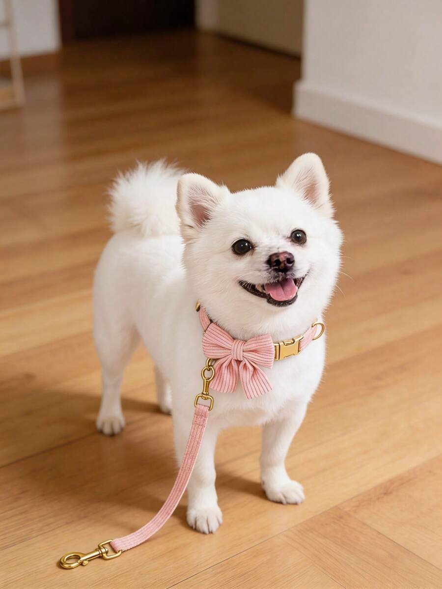 2PCS Adjustable Nylon Pet Dog Collar With Bowknot And Leash Set Cute Soft Lightweight Reflective Collar For Chihuahua Teddy Small Medium Dogs Christmas Gift Pet Supplies - Pink - View 1