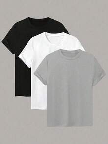 Camiseta juvenil de manga corta y corte holgado, conjunto de tres piezas. Versátil y cómoda, fácil de combinar. Confeccionada en tejido de poliéster ligero, es la opción perfecta para el verano. - Gris blanco y negro - Ver 1