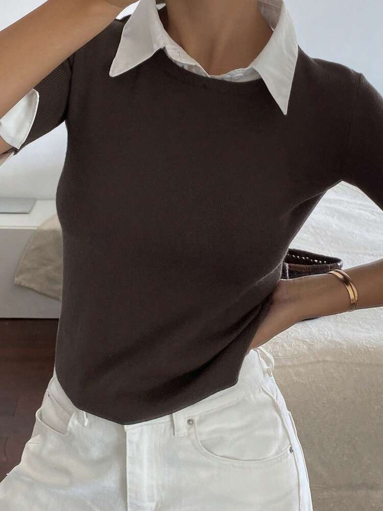 Women's Elegant Formal Patchwork Contrast Color 2 In 1 Collared Short Sleeve Knit Top, Spring/Autumn