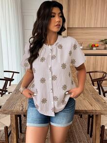 Weeklong Plus Size Casual Printed Short Sleeve Shirt, Random Print - Brown - View 3