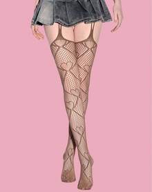 ROMWE Kawaii 1双女士黑色心形带扣渔网袜，四季皆宜 - 咖色1 - 查看 2