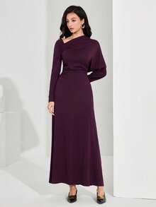 Heiryn Women's Solid Color Minimalist Long Sleeve Dress, Casual Everyday Wear Plum Dress Long Sleeve Elegant Dress Curve Elegant Dress Purple Elegant Dress Women Dark Purple Dress Women Slim Dress Long Sleeve Dresses Woman - Purple - View 5