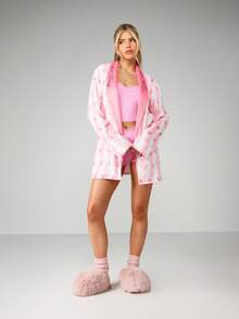 Missguided x Playboy 兔子印花柔软蓬松睡袍，带腰带，长袖，女士冬季舒适家居服 - 彩色 - 查看 4