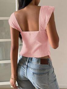 SHEIN EZwear Women's Textured Knit Ruffle Hem Sweetheart Neck Cap Sleeve Elegant T-Shirt, Rave Top - Pink - View 6