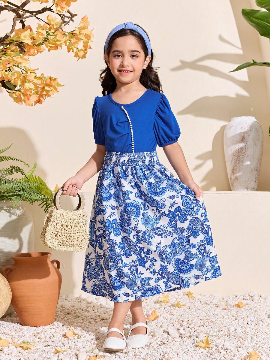SHEIN Girls Middle Eastern Style Beaded Blue Top + Colorful Paisley Print Skirt Spring/Summer Set - Multicolor - View 1