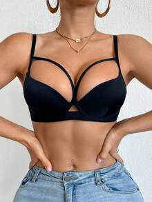 DesireSculpt 1件女士纯色文胸，性感舒适时尚镂空细肩带提拉支撑 - 黑色 - 查看 8