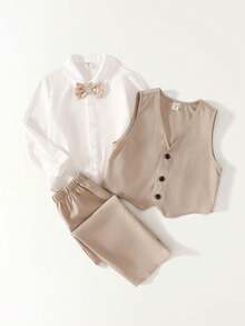 Maija Kids 男童白色长袖衬衫、卡其色背心和裤子休闲绅士套装 - 卡其色 - 查看 3