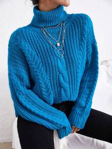 RueChic Turtle Neck Drop Shoulder Cable Knit Sweater - Màu xanh bạc hà - Xem 6