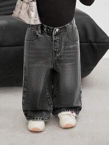 SHEIN Bubblio Quần jean ống đứng dáng rộng màu xanh cổ điển cho bé gái - Rửa nhẹ - Xem 3