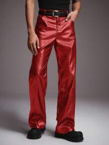 STYNVO Pantalones rectos de unicolor para hombres con presillas para cinturón, diseño de parches de piel sintética - Rojo - Ver 3