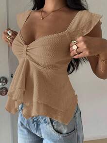 SHEIN EZwear 女士纹理针织荷叶边下摆甜心领短袖优雅T恤，锐舞上衣 - 卡其色 - 查看 4