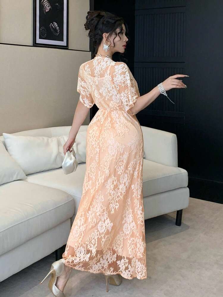 V-Neck Lace Midi Dress, High Waist Slimming Elegant Women's Dress Sundress