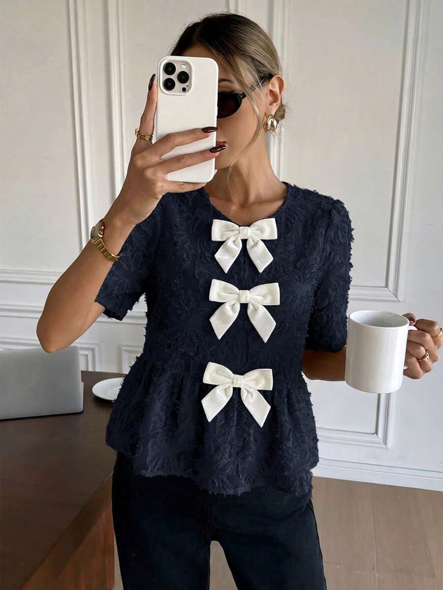 Serisse Women's Bow Decor Short Sleeve Ruffle Hem Fashionable Blouse,Summer Top - Navy Blue - View 1