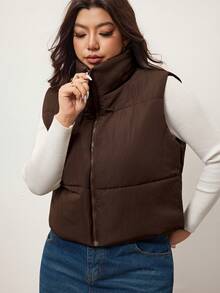 Enliva Plus Size Solid Casual Zip Up Vest Winter Coat, For Apple Rounded Body Shape - Coffee Brown - View 8