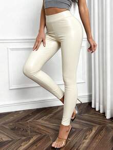 SHEIN 1 pieza Leggings de mujer de piel sintética, pantalones ajustados elásticos, tela de malla delgada, diseño de costura a la moda, adecuado para uso casual y deportivo - Blanco - Ver 6