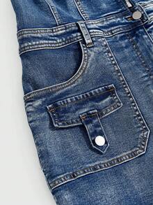 ROMWE J-Fashion Đầm denim ôm sát eo dáng ngắn đa năng dành cho người có thân hình đầy đặn - Màu xanh lam - Xem 4