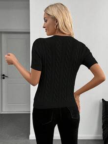 SHEIN Cottnline Blogger-Inspired Twist Rope Decor Round Neck Knit Sweater, Versatile For Autumn/Winter - Black - View 2