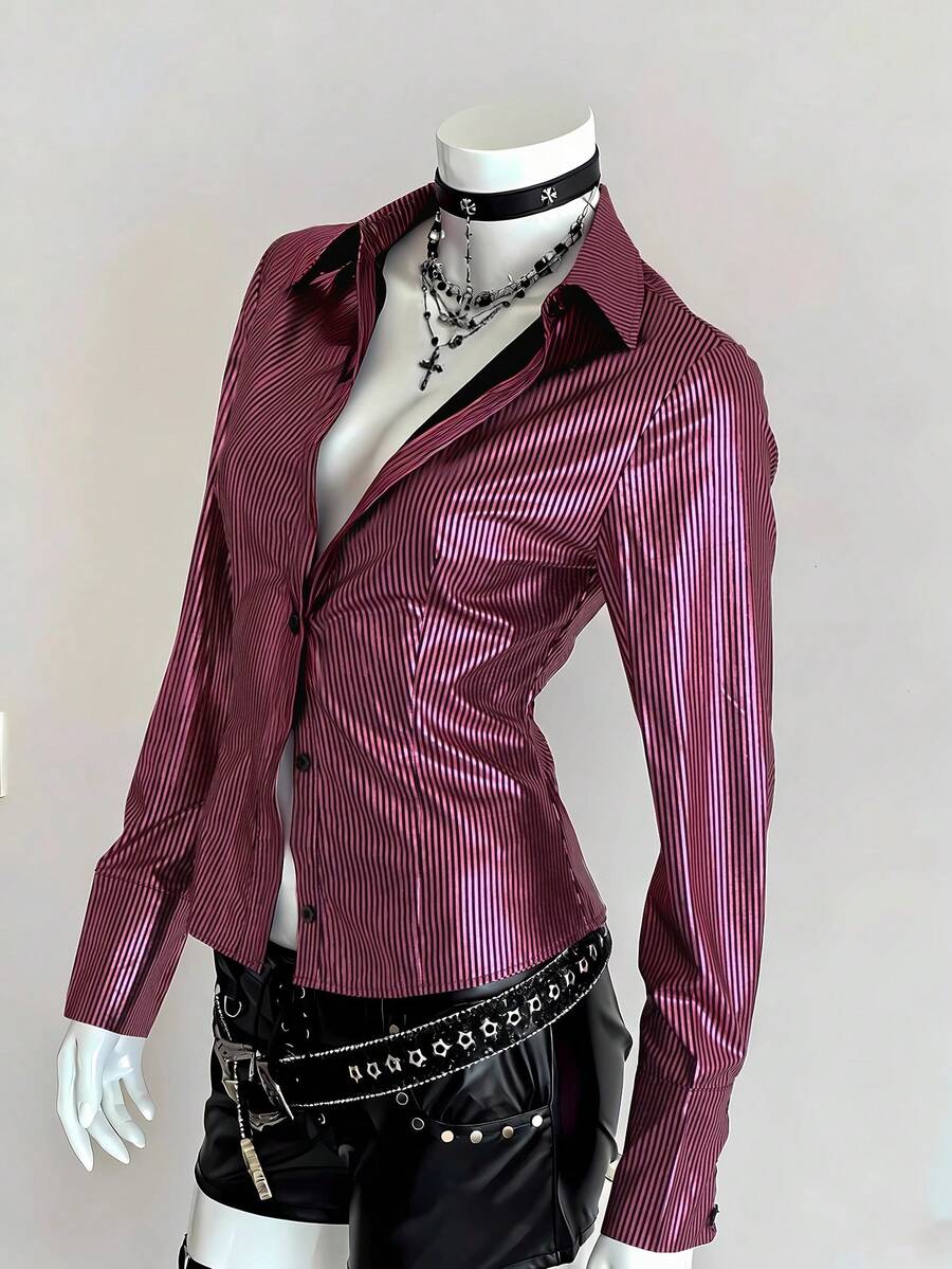 SHEIN Unity 1pc Women's Sexy Long Sleeve Shirt With Foil Print - Multicolor - View 1