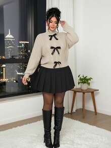 Elenzga 大码女式纯色立领长袖蝴蝶结装饰时尚百搭毛衣 - 杏色 - 查看 3